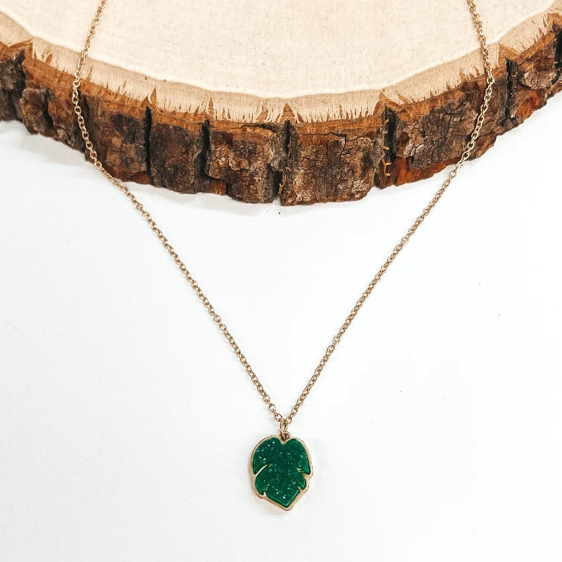 Simple Silver Chain Necklace-Druzy Palm Leaf Necklace in Gold