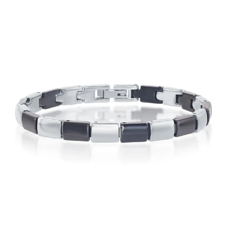 Personalized Silver Bracelet-Stainless Steel and Black Ceramic Alternating Links Bracelet, 7"