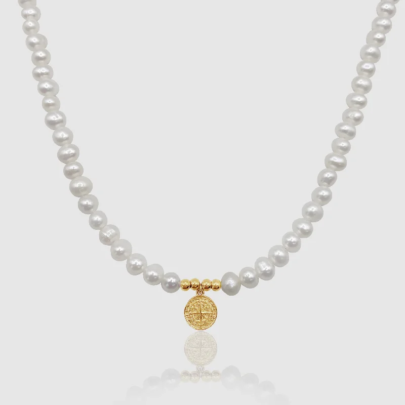 Natural Stone Necklace-Compass Real Pearl Necklace (Gold)