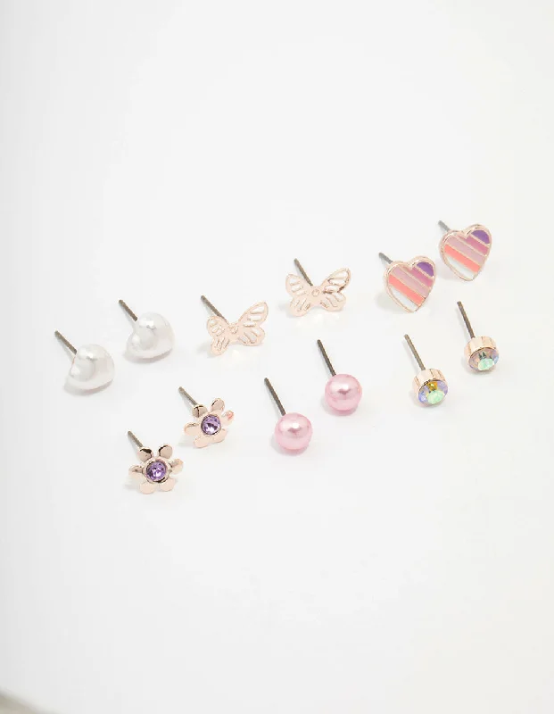 Clear Crystal Earrings-Kids Rose Gold Heart & Butterfly Stud Earring Pack