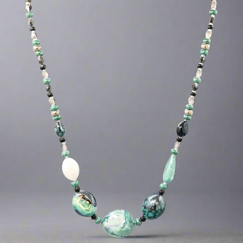 Silver Diamond Necklace-STST Black, silver & Turquoise green Murano Glass Graduated Beaded Necklace