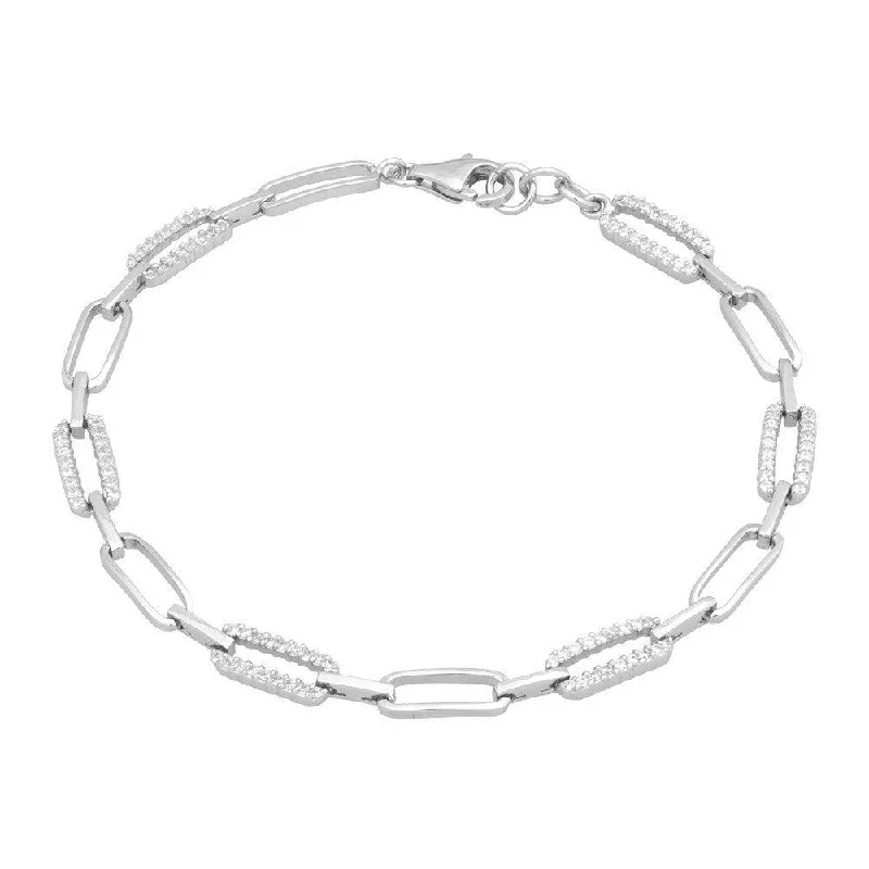 Geometric Silver Cuff Bracelet-Sterling Silver CZ and Shiny Lightweight Open Linked Bracelet, 7"