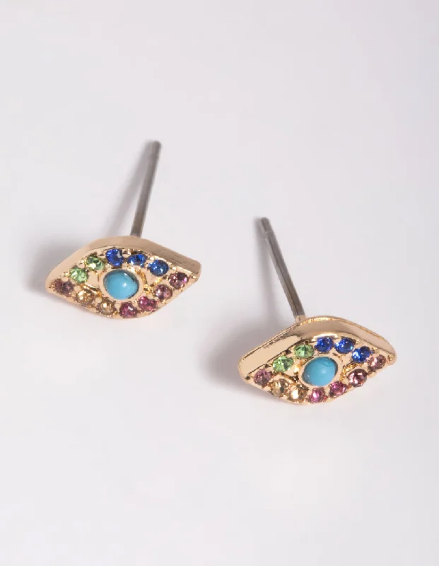 Silver Teardrop Earrings-Gold Diamante Evil Eye Stud Earrings