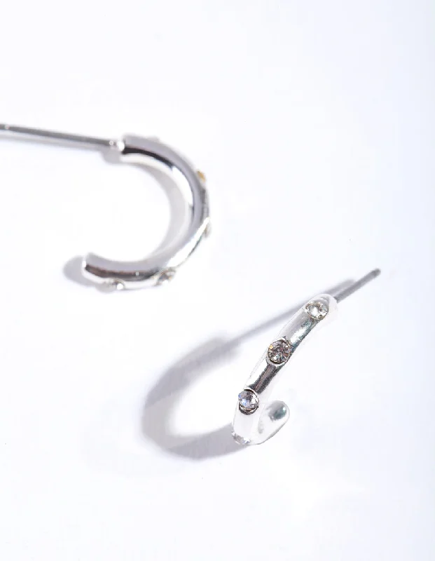 Fashion Pearl Earrings-Silver Simple Diamante Half Hoop Earrings