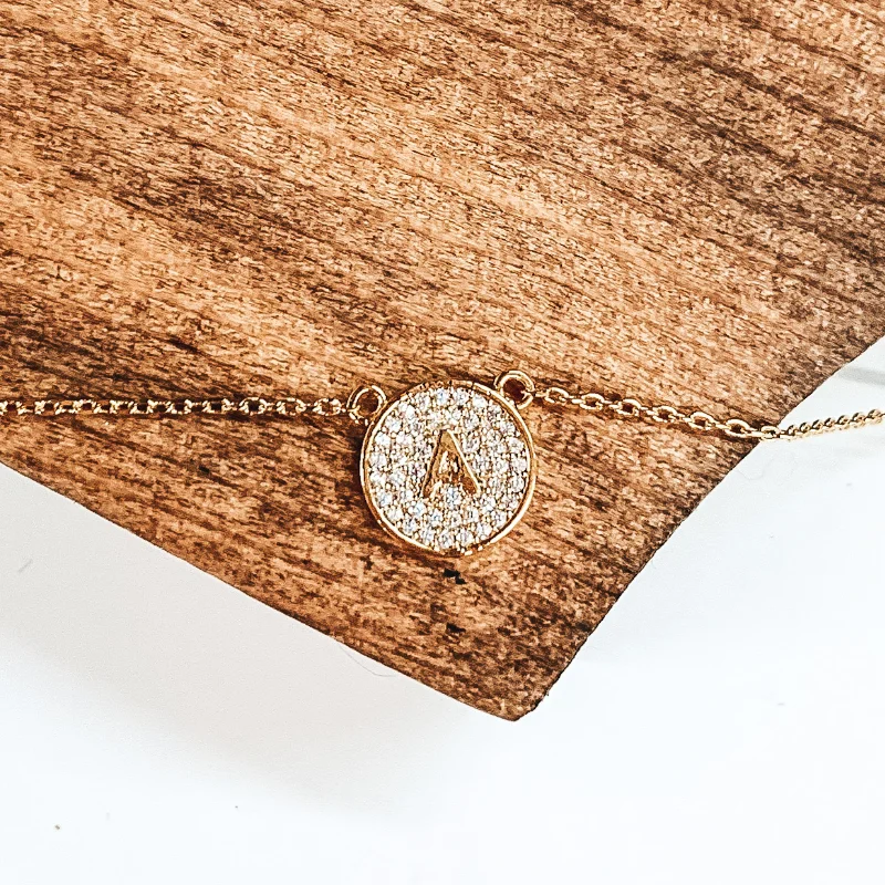 Minimalist Gold Chain Necklace-Chain Necklace with Crystal Coin Initial Pendant in Gold