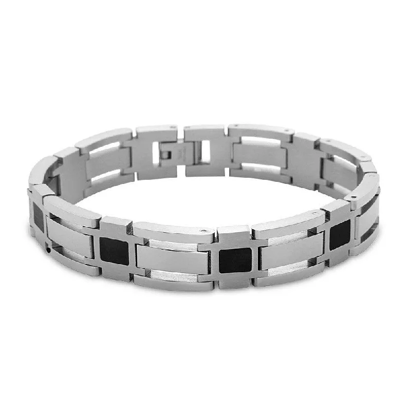 Natural Stone Bracelet-Stainless Steel Open Links with Black Squares Bracelet, 8"