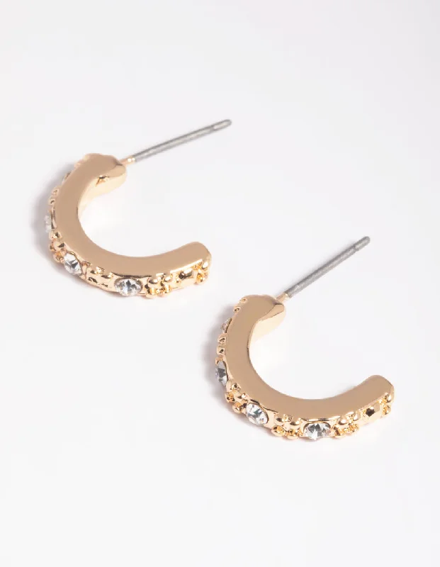 Unique Silver Earrings-Gold Diamante Huggie Hoop Earrings