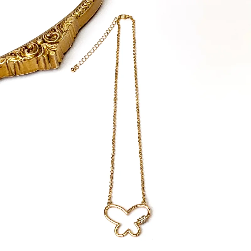 Elegant Crystal Necklace-Butterfly Outline Necklace with Crystal Accent in Gold Tone