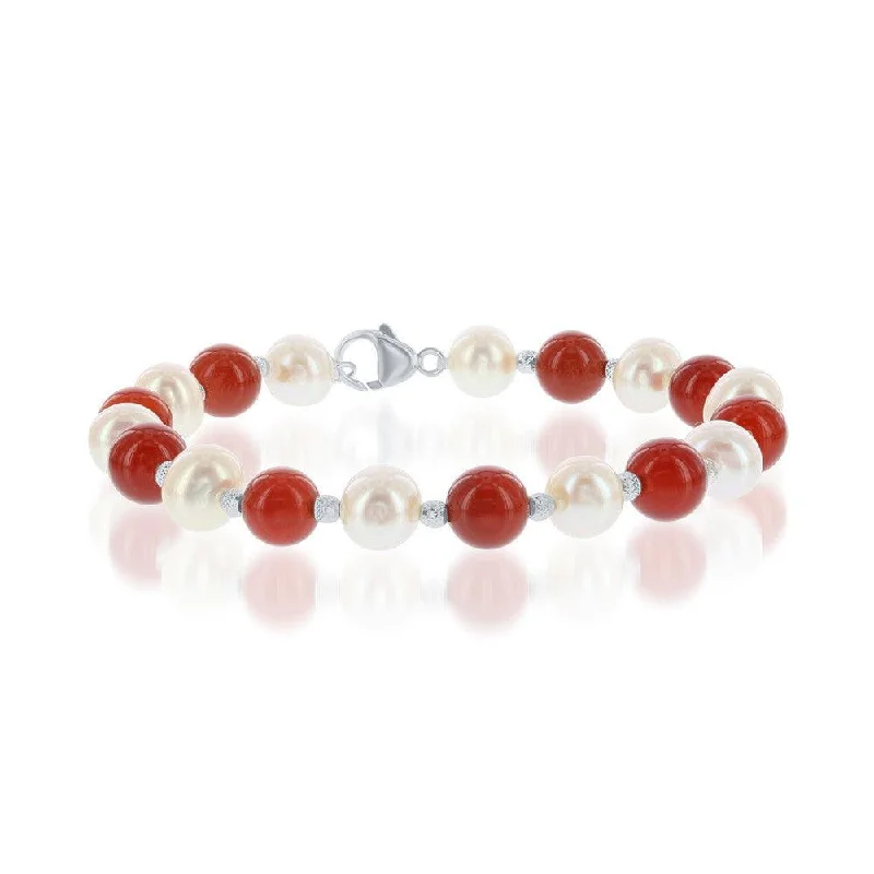 Custom Geometric Bracelet-Sterling Silver FWP and Carnelian Alternating Bracelet, 7.25"