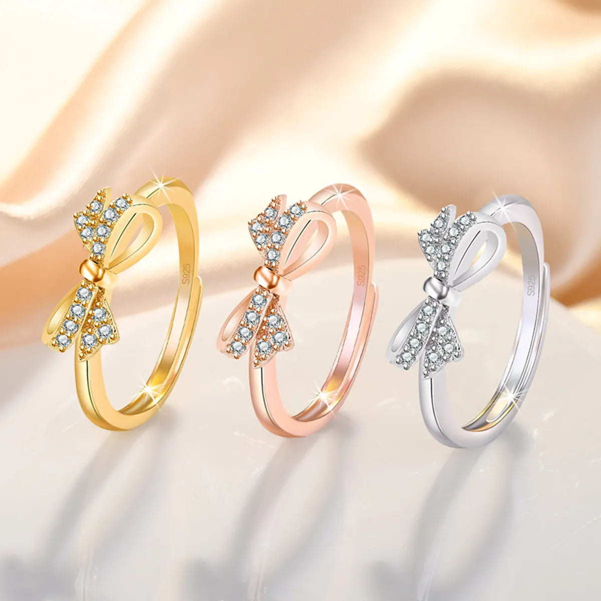 Simple Style Bow Knot Copper Plating Inlay Zircon Open Rings