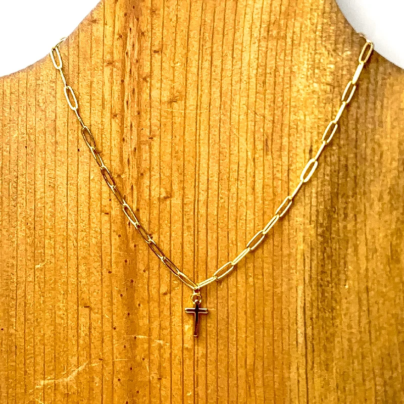 Beaded Crystal Necklace-Paperclip Chain Necklace with Cross Charm in Gold