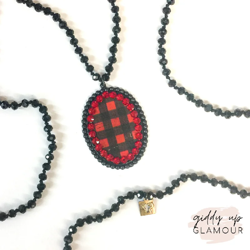 Gemstone Necklace-Pink Panache Long Black Necklace with Large Black Matte Oval with Buffalo Plaid and Red Crystals| ONLY 1 LEFT!