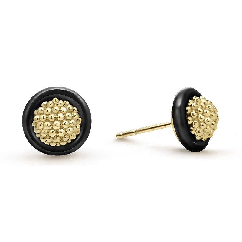 Handcrafted Earrings-Meridian 18K Gold Caviar and Black Ceramic Stud Earrings