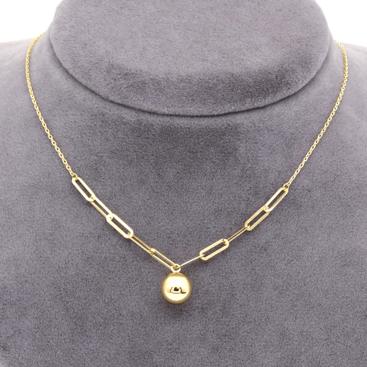 Trendy Gold Necklace-Real Gold 8 MM Ball Half Paper Clip Chain Adjustable Size Necklace (40 CM) 7790 N1446