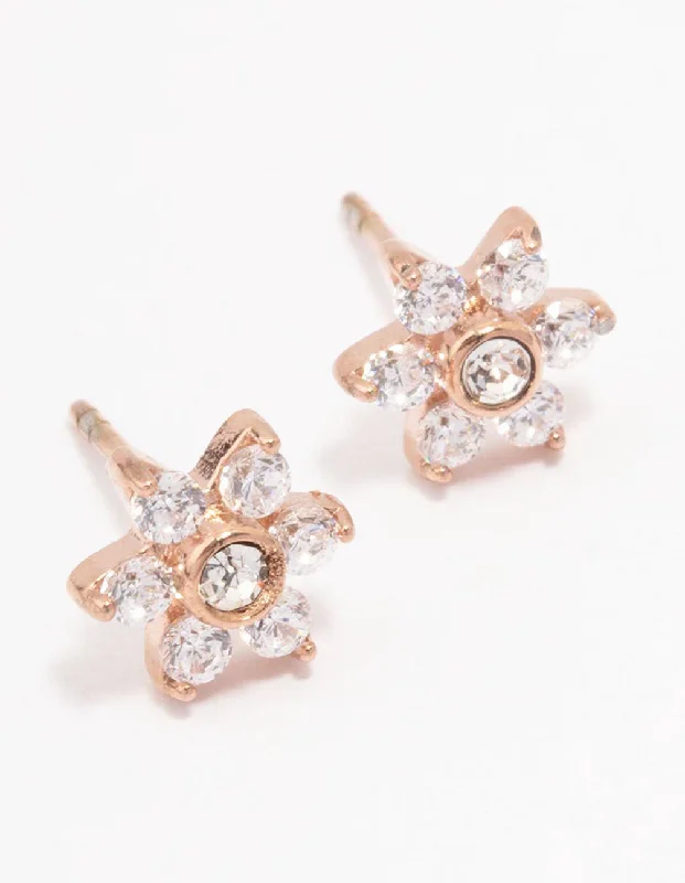 Silver Plated Earrings-Rose Gold Plated Surgical Steel Cubic Zirconia Flower Stud Earrings