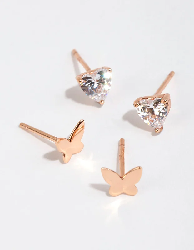 Elegant Diamond Earrings-Rose Gold Plated Sterling Silver Butterfly Stud Set