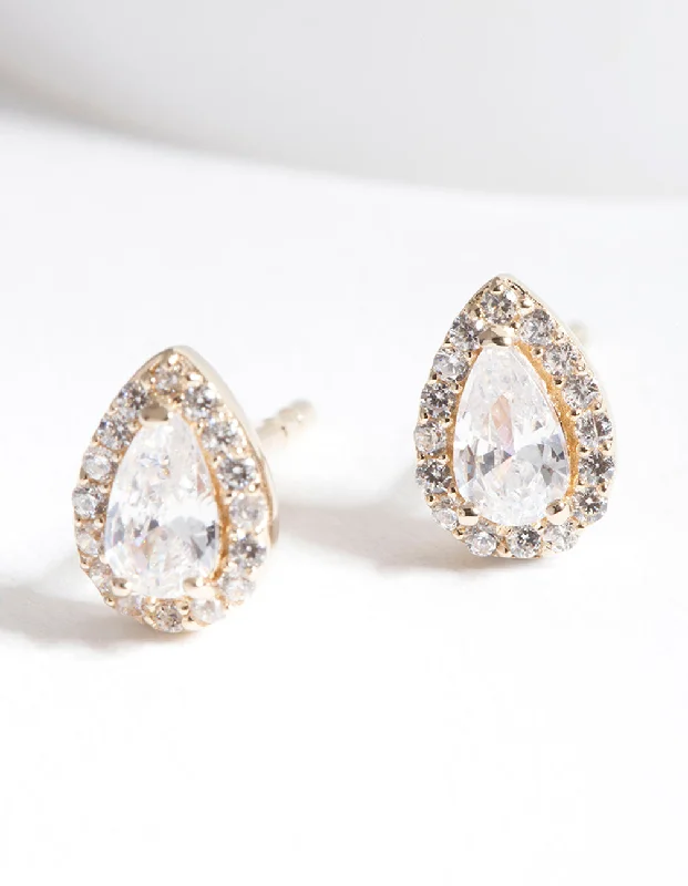 Custom Earrings for Gift-Gold Plated Sterling Silver Cubic Zirconia Pear Halo Stud Earrings