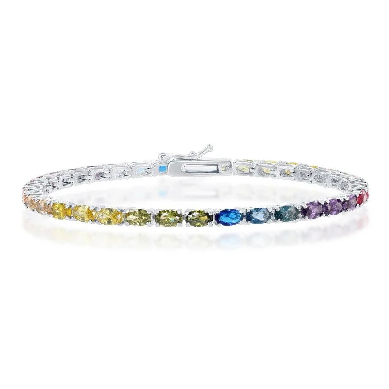 Elegant Gold Stretch Bracelet-Sterling Silver Oval Rainbow CZ Tennis Bracelet, 7.5"