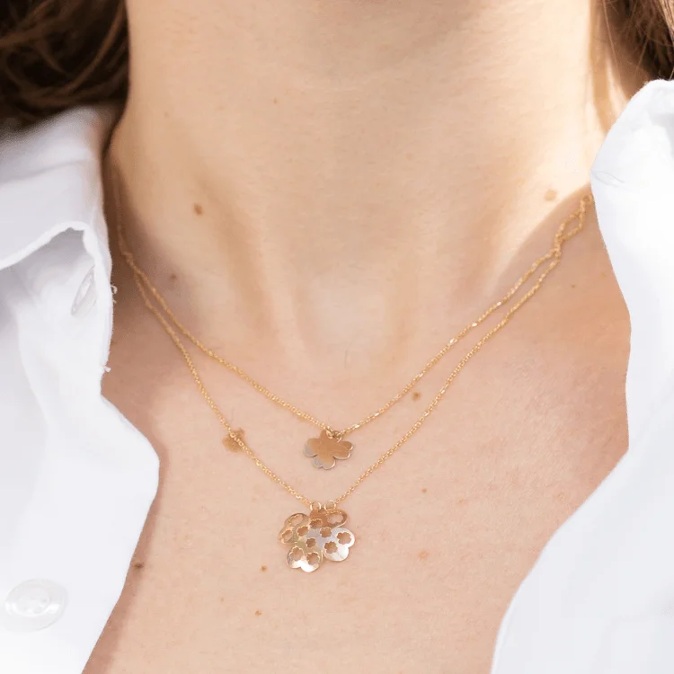 Layered Heart Pendant Necklace-Real Gold Double layer Flower Choker Adjustable Size Necklace 2638-11 N1322