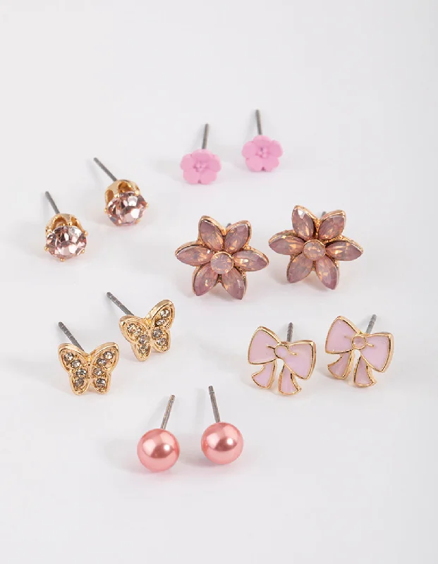 Classic Pearl Earrings-Kids Pink Bow Stud Earrings 6-Pack