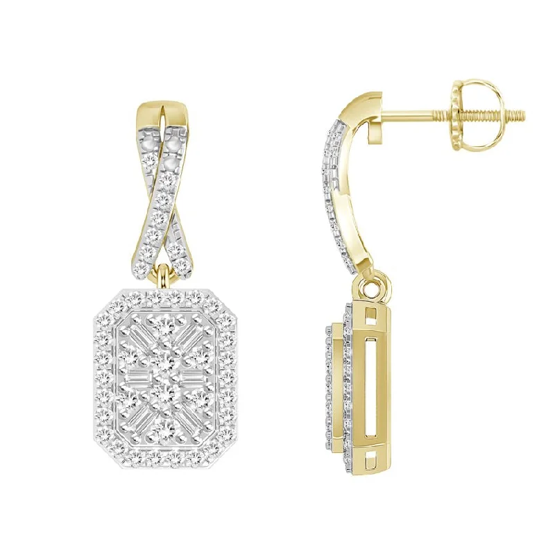 Simple Silver Earrings-LADIES EARRINGS 0.33CT ROUND/BAGUETTE DIAMOND 10K YELLOW GOLD