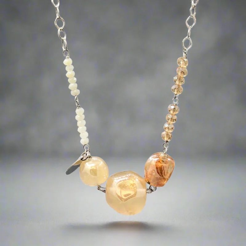 Gold Heart Necklace-STST Murano 3 Stone Gold Tone Graduated Nugget Bead Necklace