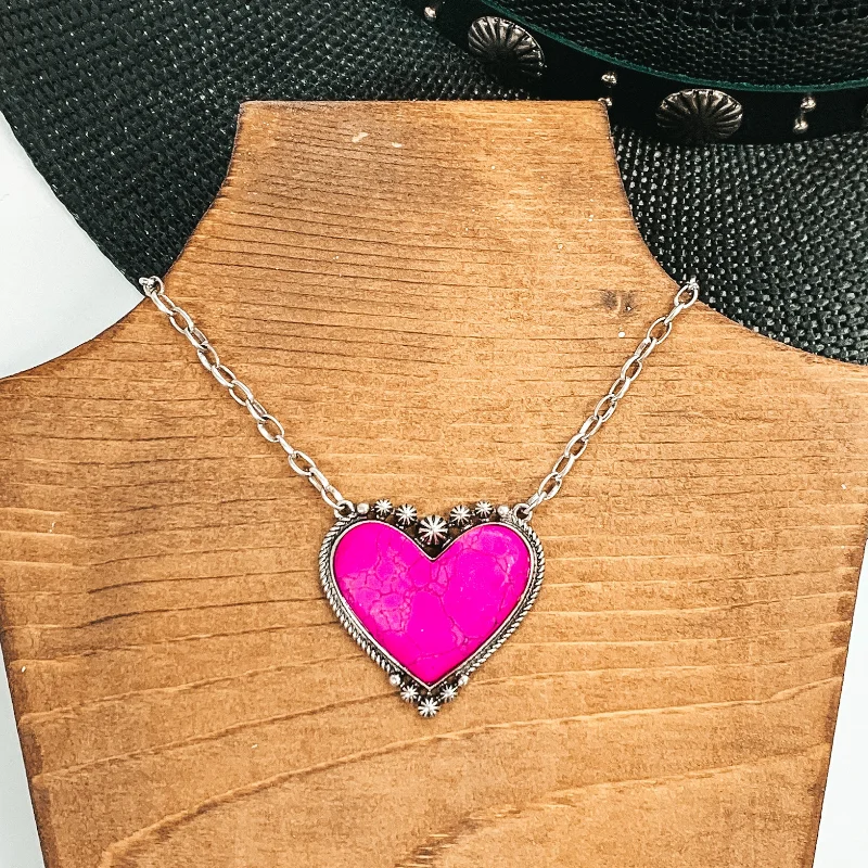 Multi-Chain Necklace-Silver Chain Necklace with Stone Heart Pendant in Pink