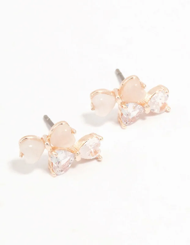 High-End Earrings-Rose Gold Plated Double Pink & Cubic Zirconia Bow Stud Earrings