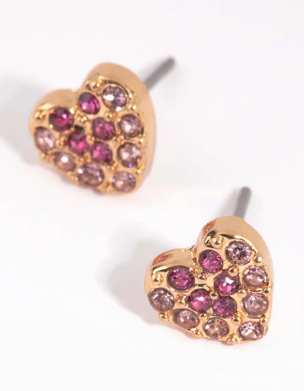 Colorful Crystal Earrings-Pink Ombre Diamante Heart Stud Earrings