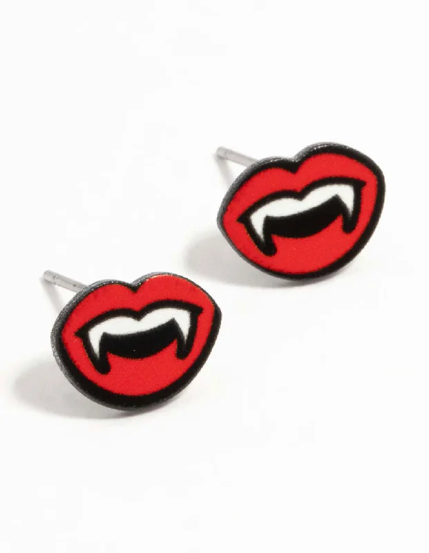 Silver Teardrop Earrings-Vampire Mouth Coated Metal Stud Earrings