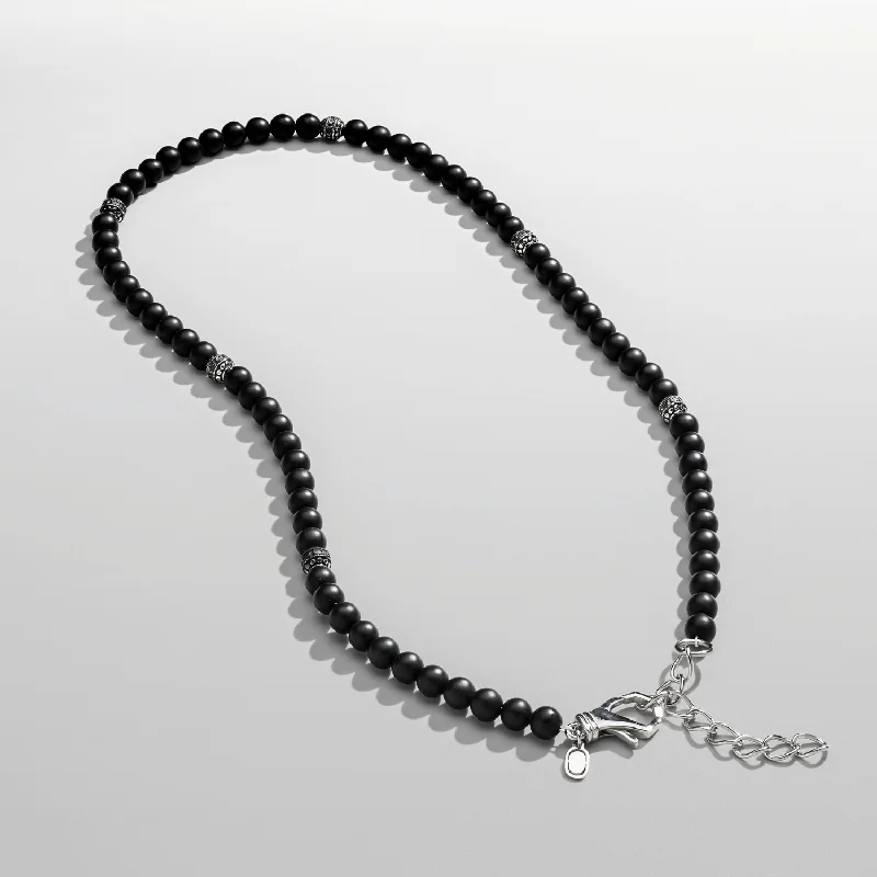 Crystal Pendant Necklace-Matte Onyx Beaded Necklace (Silver)