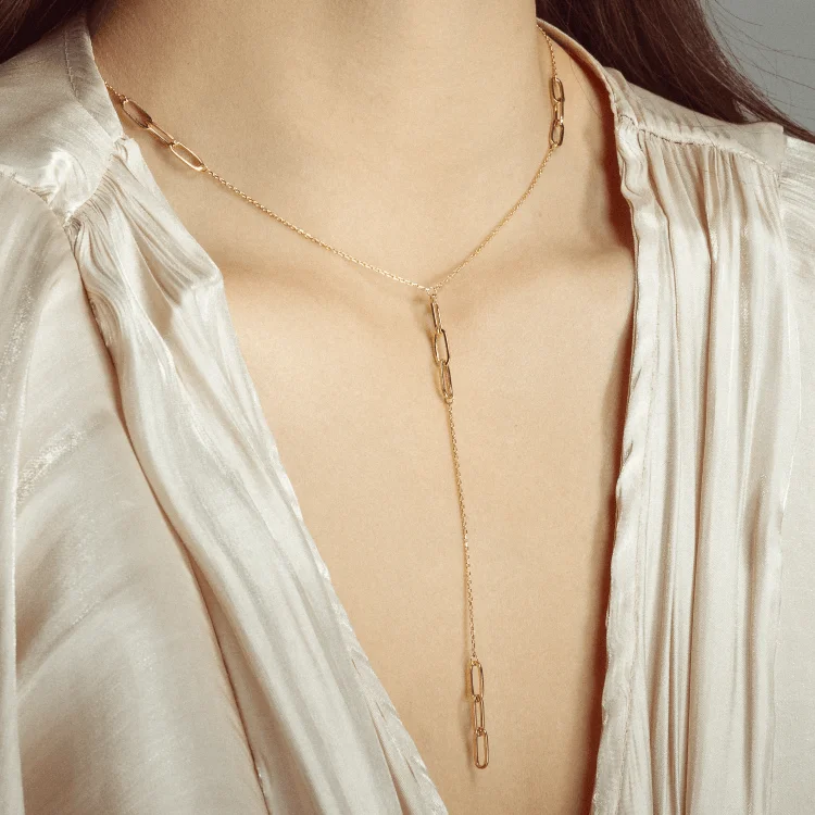 Long Pendant Necklace-Real Gold Paper Clip Rosary Dangler Long Necklace 7464 N1375