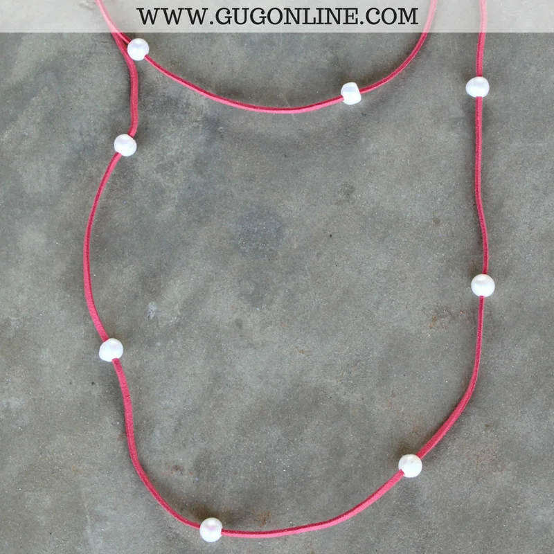 Minimalist Heart Necklace-On the Line Long Leather Necklace with Pearls in Coral