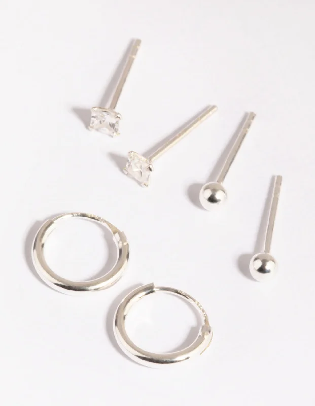 Classic Silver Earrings-Sterling Silver Diamante Stud & Hoop Earring Pack