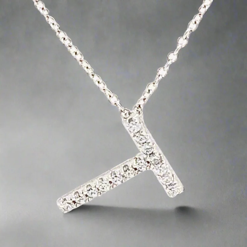 Custom Gold Necklace-SS "T" Diagonal CZ Necklace with 16" Chain