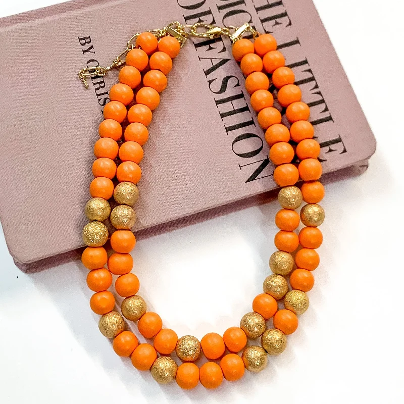 Heart Shape Crystal Necklace-Making Joy Large Beaded Two Strand Necklace with Gold Tone Spacers in Orange