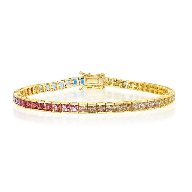 Beaded Charm Bracelet-Sterling Silver Gold Plated Rainbow CZ Channel-Set Bracelet