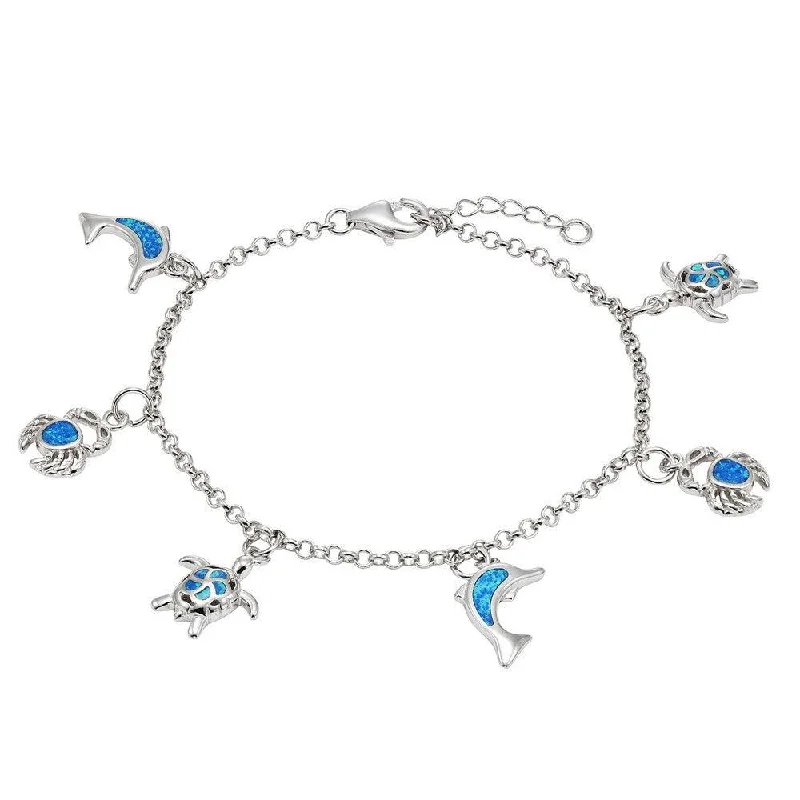 Adjustable Bracelet for Women-Sterling Silver Blue Inlay Opal Hanging Sea-Life Charms Bracelet