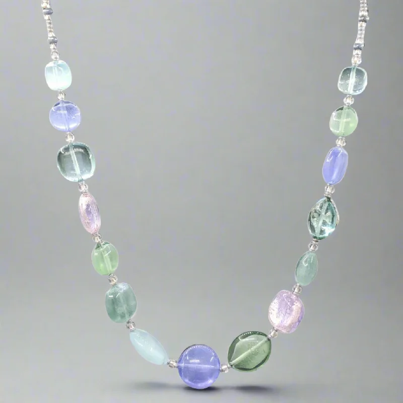 Heart-Shaped Necklace-STST Blue, Green, & Lavender Murano Glass Beaded Necklace