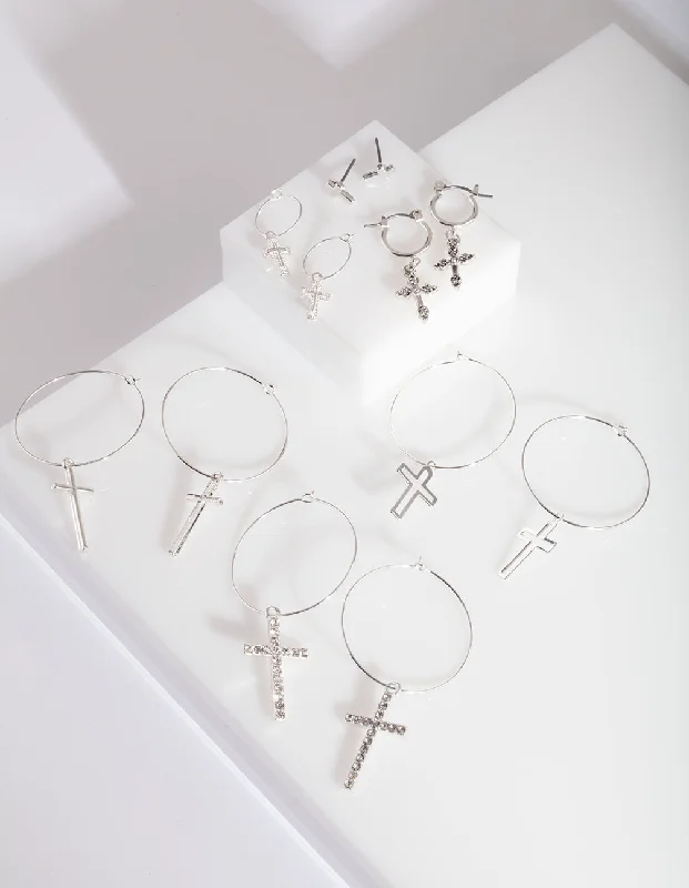 Bridal Earrings-Silver Cross Hoop Earring Pack