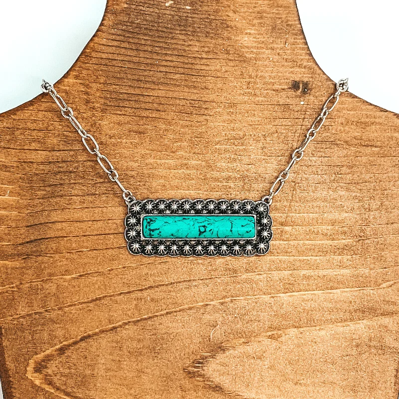 Gold Diamond Necklace-Silver Chain Necklace with Rectangle Pendant and Stone in Turquoise