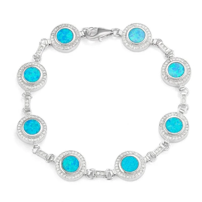 Stackable Charm Bracelet-Sterling Silver Round Blue Opal with Micro Pave CZ Bracelet