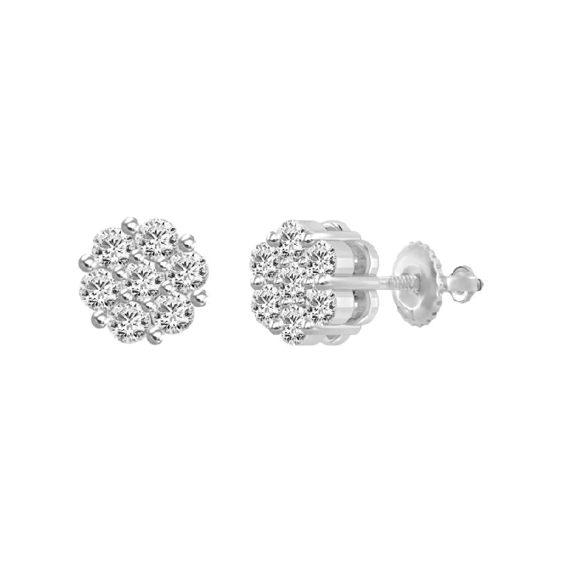 Fun Statement Earrings-LADIES FLOWER EARRINGS 0.15CT ROUND DIAMOND 10K WHITE GOLD