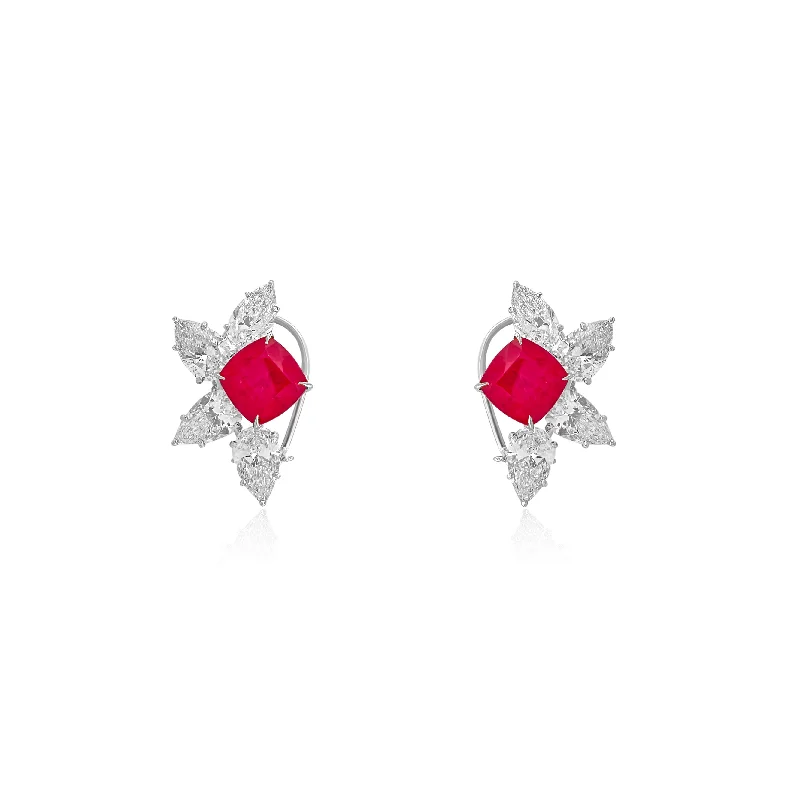 Shiny Drop Earrings-Diamond Earrings 8.19 cts TW Ruby Cushion 9.12 cts