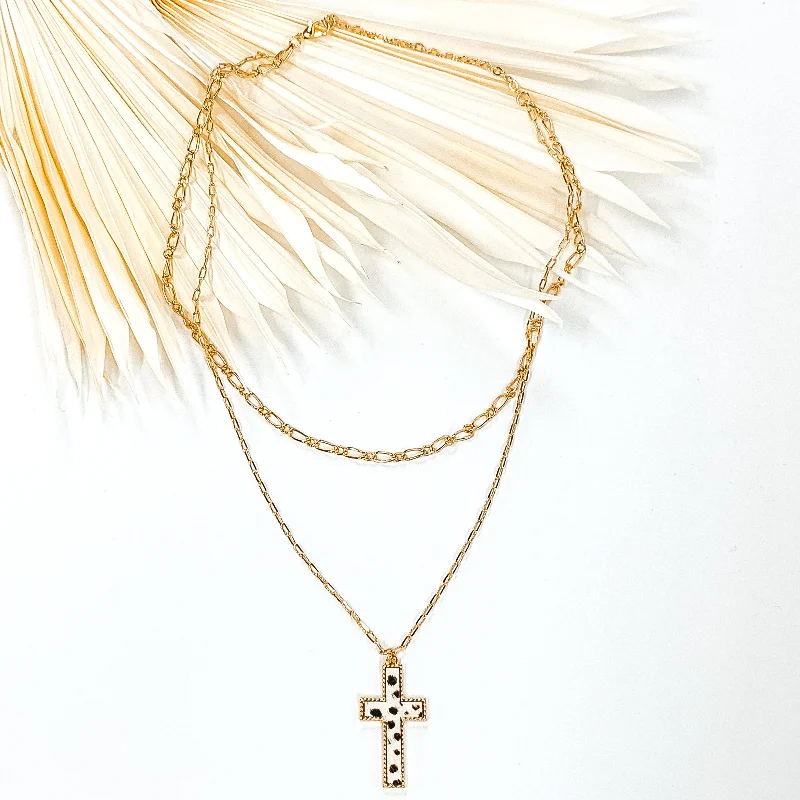 Designer Crystal Necklace-Layered Chain Necklace with Cross Pendant in White Dotted Print