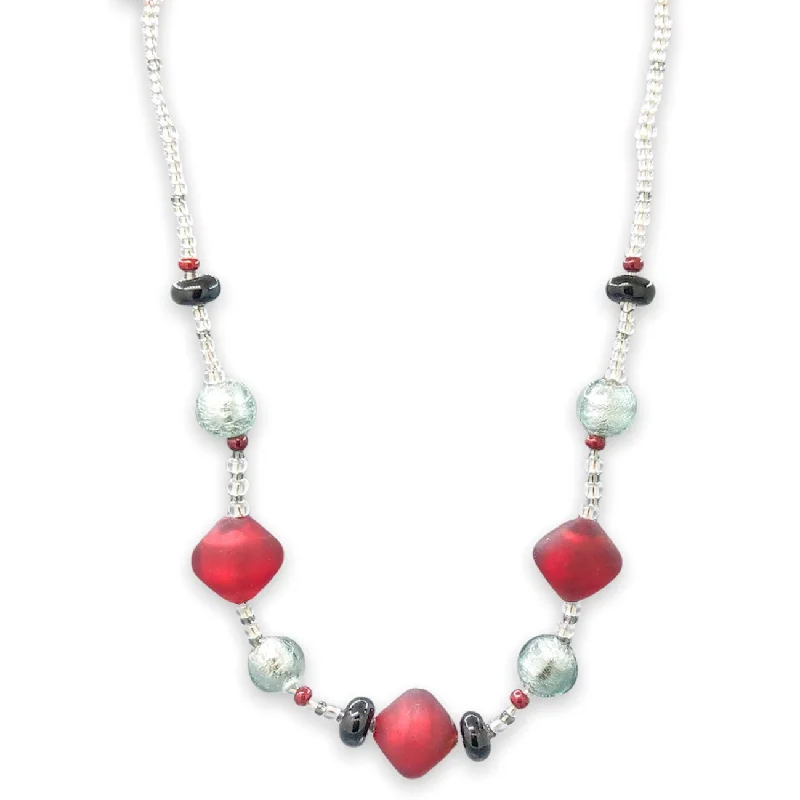 Trendy Layered Necklace-STST Red, Blue, & Black Murano Glass Bead Necklace