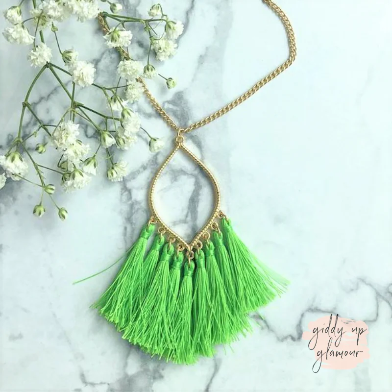 Elegant Gemstone Necklace-Gold Chain Lantern Outline Necklace with Fringe Tassels in Neon Green