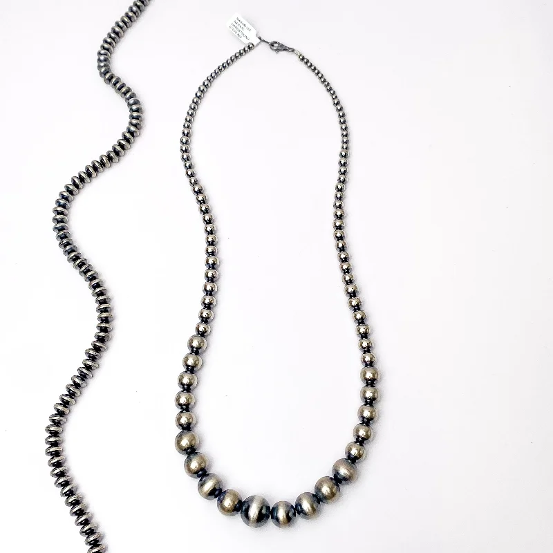 Black Stone Necklace-Navajo | Navajo Handmade Sterling Silver 4mm-10mm Graduated Navajo Pearls Necklace | 24 inches