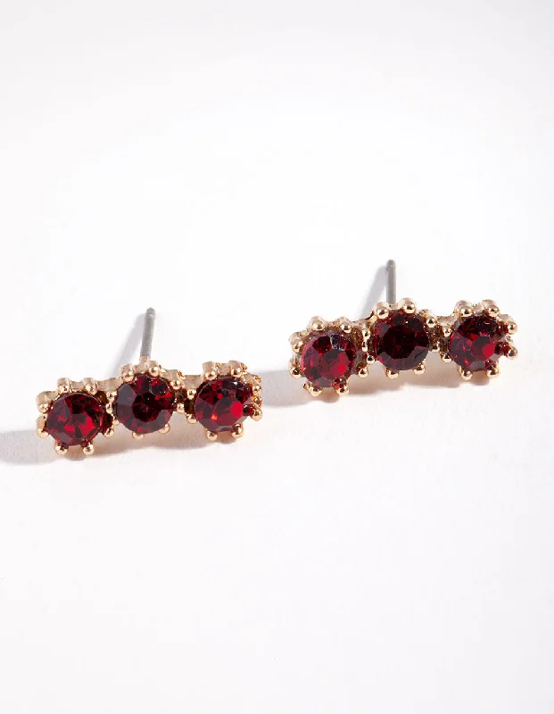 Unique Silver Hoop Earrings-Gold Triple Red Stone Stud Earrings