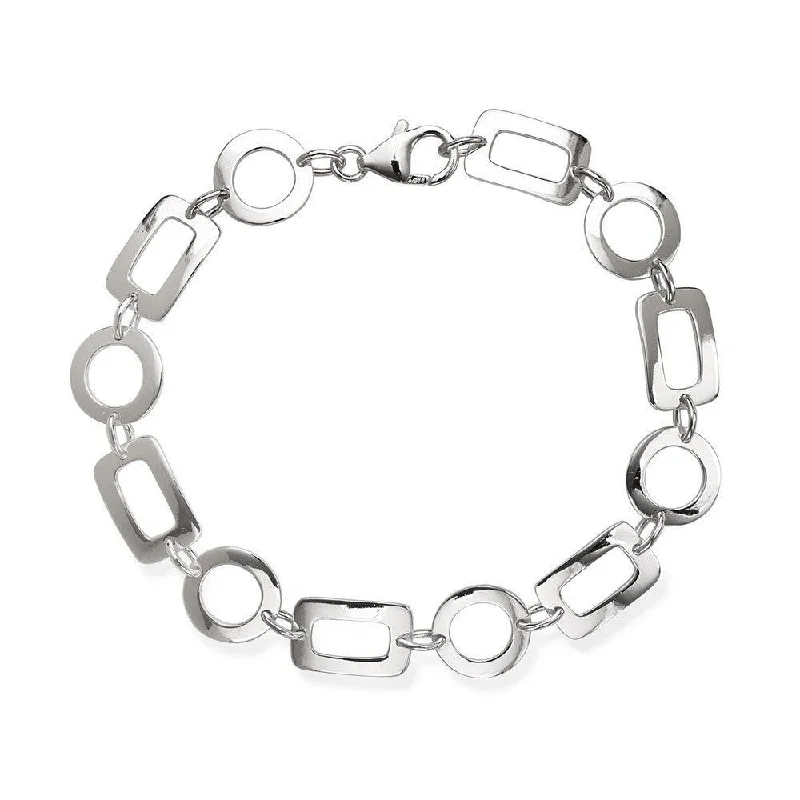 Men’s Adjustable Bracelet-Sterling Silver Open Square and Circle Alternating Bracelet, 8"